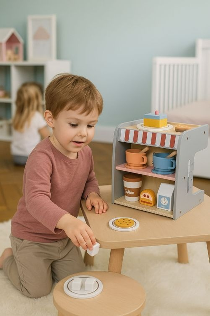 Дерев'яний ігровий набір EcoToys Кавомашина 2 в 1 26 предметів HM328245 (5905817007264) - зображення 7