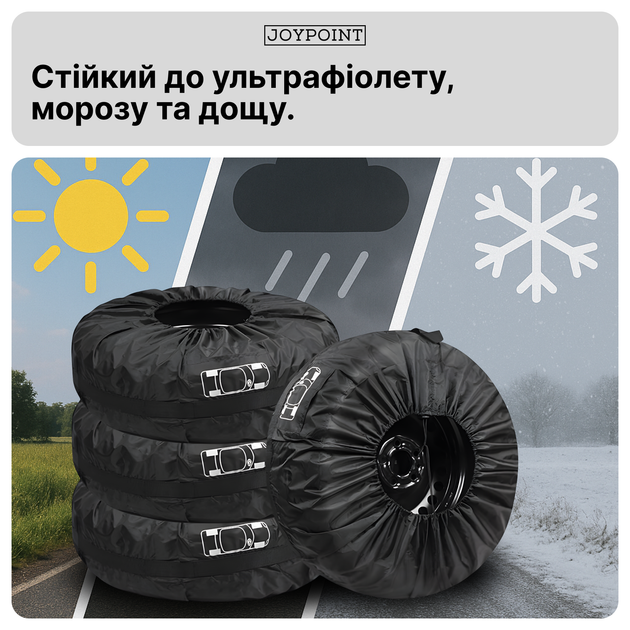 Чохли пакети для автомобільних коліс і шин R15-20 JoyPoint набір комплект 4 шт для зберігання та транспортування зимових літніх автошин дисків колес авто багаторазові водонепроникні захисні на колеса шини диски чорні (JPTECR01) - зображення 5