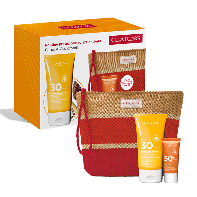 Zestaw kosmetyków do ochrony przeciwsłonecznej Clarins Sun Krem do ciała Spf 30 150 ml + Krem do twarzy Sun Discovery Spf 50+ 30 ml + Torebka kosmetyczna (3666057401480) - obraz 3