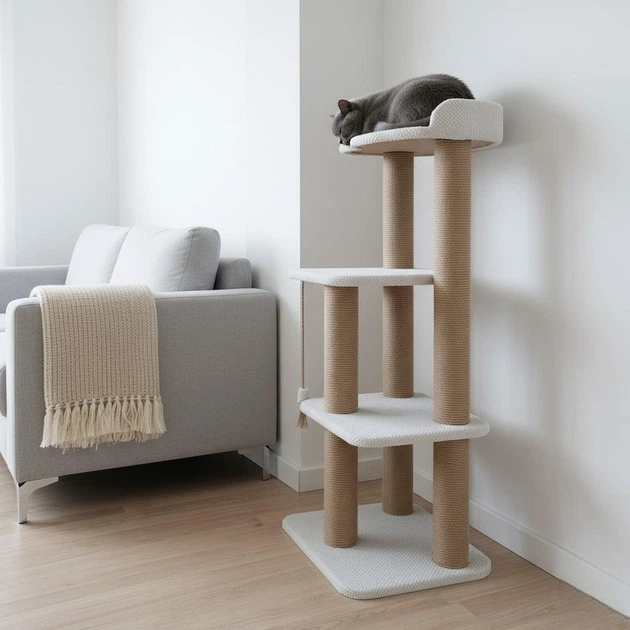 Котяча кігтеточка з великою лежанкою для котів усіх порід 120х60х45см молочно бежева - зображення 3