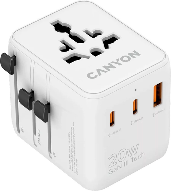 Мережевий зарядний пристрій Canyon OnTour 20 Travel Adapter EU/UK/US/AUS 20W White (CNS-TA20W1005W) - зображення 1