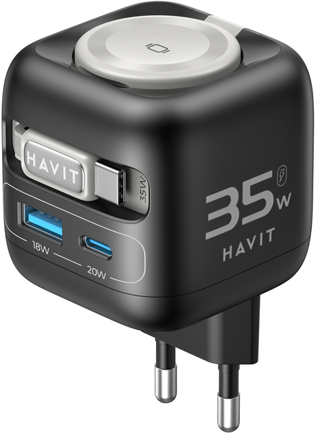 Мережевий зарядний пристрій Havit UC250 GaN 35W USB-A+USB-C +Кабель USB-C +Watch Charger (HV-UC250-BK) - зображення 2