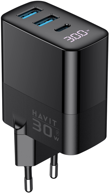 Мережевий зарядний пристрій Havit UCLE001 GaN 30W 2хUSB-A+USB-C (HV-UCLE001-BK) - зображення 2