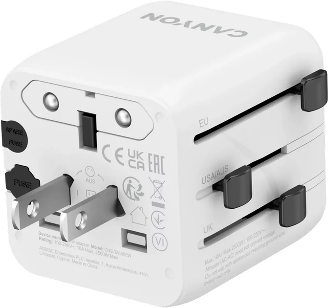 Listwa przeciwprzepięciowa Canyon OnTour One Travel Adapter EU/UK/US/AUS White (CNS-TA1005W) - obraz 3