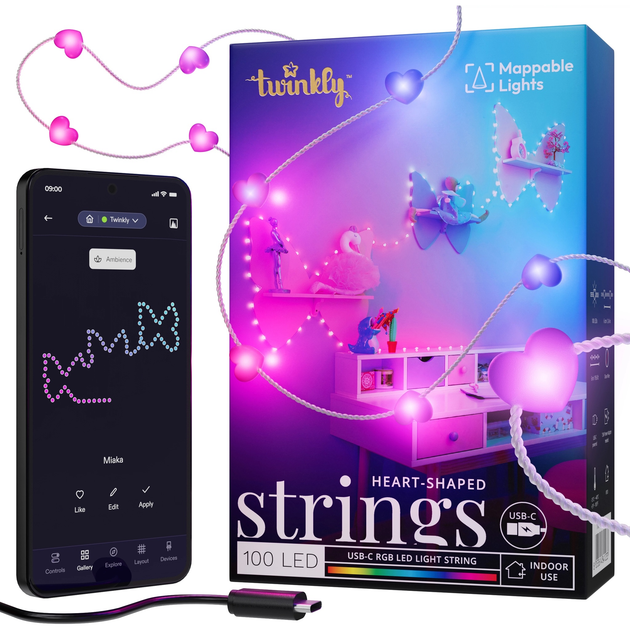 Girlanda LED Smart Twinkly Candies Heart RGB 100 IP20 6 m kabel USB-C Przezroczysty (TWKH100RGB-T) - obraz 2