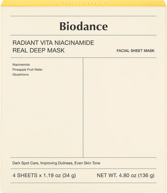 Набір масок для обличчя Biodance Radiant Vita Niacinamide Real Deep зволожуючих 4х34 г (8809937361466) - зображення 1