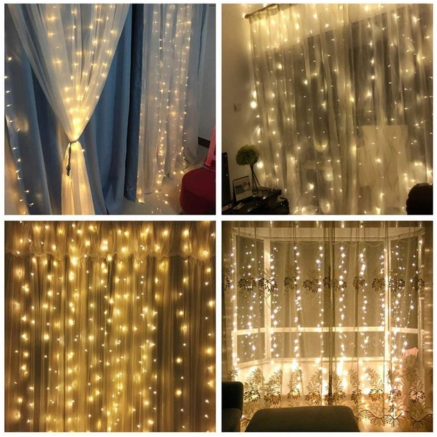Светодиодная гирлянда штора 3х1,5 м 240 LED с 8 режимами свечения Теплый свет для праздничного декора стен и окон от сети 220 В - изображение 2