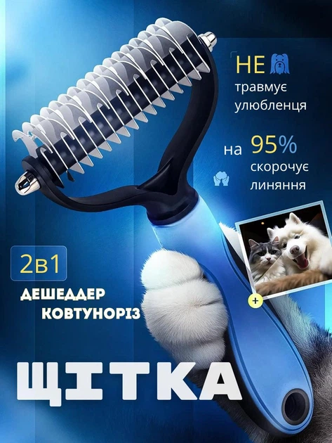 Щітка 2в1 - дешеддер та ковтуноріз для собак і котів Блакитний - Фото 1 Щітка 2в1 - дешеддер та ковтуноріз для собак і котів Блакитний - изображение 1