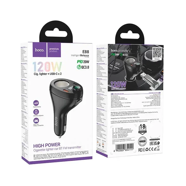 FM-модулятор HOCO E88 bluetooth 2USB 1Type-C, PD20W, QC 3.0, додаткове гніздо прикурювача - изображение 2