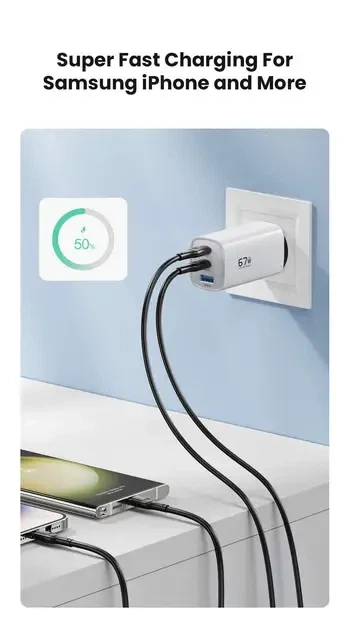 Зарядное устройство ASOMETECH GaN 67W PPS PD+QC4.0 3-порта (USB + 2 Type-C) для ноутбука планшета смартфона - изображение 6