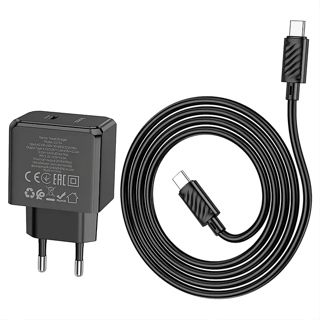 Сетевое зарядное устройство HOCO CS13A Ocean PD20W с кабелем Type-C → Type-C (черный) - Фото 2 Сетевое зарядное устройство HOCO CS13A Ocean PD20W с кабелем Type-C → Type-C (черный) - изображение 2