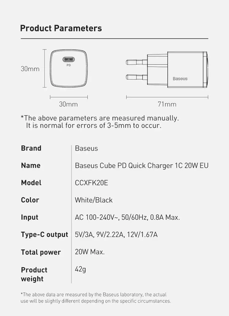 Зарядное устройство BASEUS 20W Type-C Baseus Cube PD Quick Charger Original QC PD для планшета смартфона - изображение 3