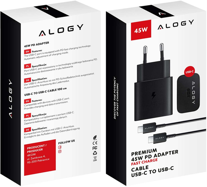 Зарядний пристрій Alogy USB-C - USB-C Premium Fast 45 Вт 1 м Black (5905601817192) - зображення 5