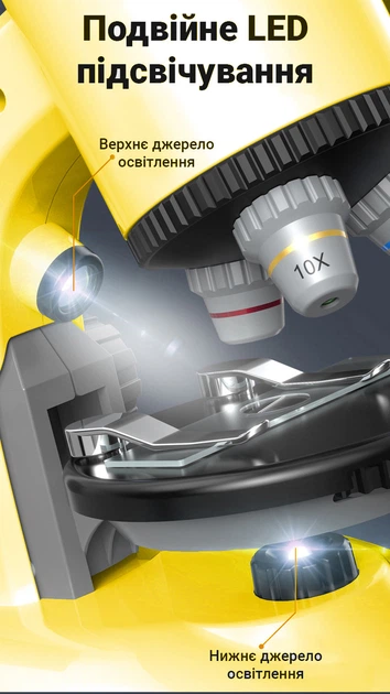 Дитячий науковий набір: мікроскоп OEM 1100A-1 до 640х + біологічні мікропрепарати, Жовтий - изображение 8