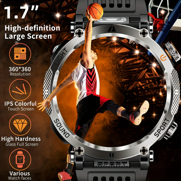 Смарт годинник з компасом тактичний HT30 CamoGreen, IP68, ліхтар, екран 1,7'' HD, батарея 600 мАг - Фото 4 Смарт годинник з компасом тактичний HT30 CamoGreen, IP68, ліхтар, екран 1,7'' HD, батарея 600 мАг - изображение 4