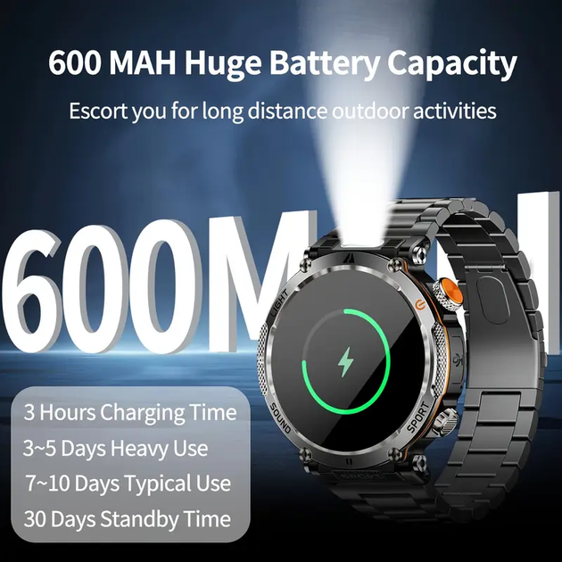 Смарт годинник з компасом тактичний HT30 Black, IP68, ліхтар, екран 1,7'' HD, батарея 600 мАч Чорний - изображение 4