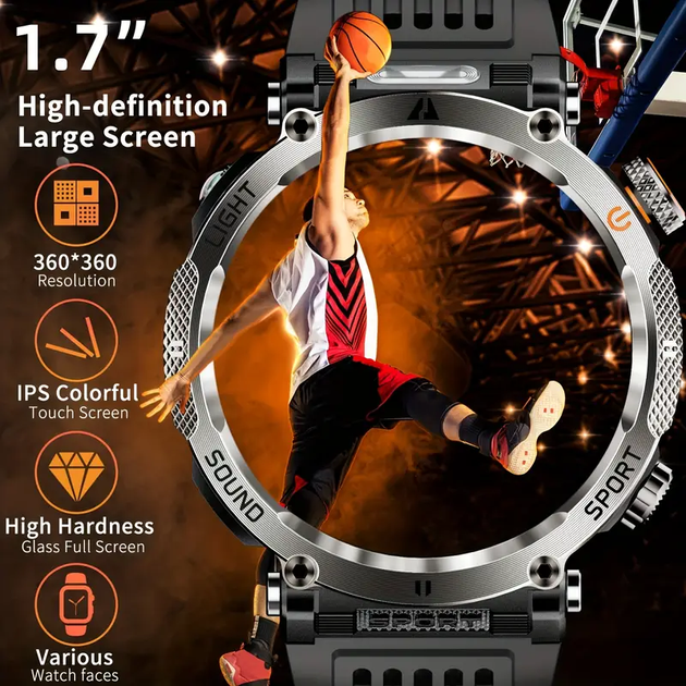 Смарт годинник з компасом тактичний HT30 Black, IP68, ліхтар, екран 1,7'' HD, батарея 600 мАч Чорний - изображение 9
