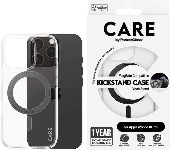 Панель CARE by PanzerGlass Feature Case Transparent w. Black Kickstand & MagSafe для Apple iPhone 16 Pro (5715685003837) - зображення 3