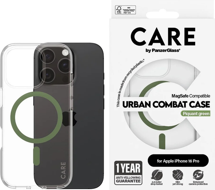 Панель CARE by PanzerGlass Flagship Case Transparent Urban Combat w. Green MagSafe для Apple iPhone 16 Pro (5715685004360) - зображення 3