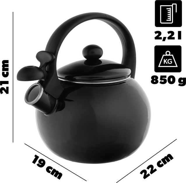 Czajnik emaliowany Kadax Cusset z gwizdkiem czarny 2.2 l (5903699493243) - obraz 2