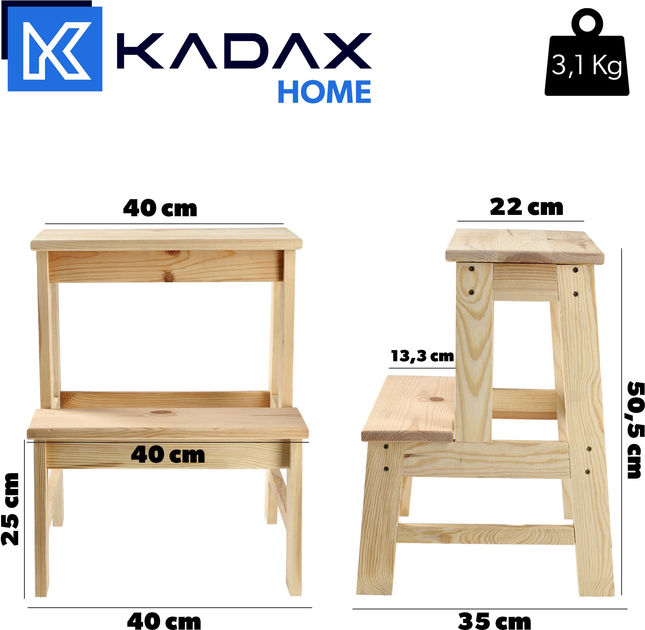 Табурет дерев'яний Kadax Falun зі сходинкою 40 x 50 см (5903699443057) - зображення 2