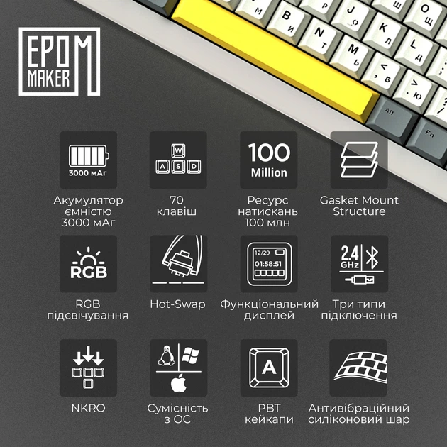 Клавіатура бездротова Epomaker Shadow-X 70% Mulan Switch Hot-Swap (2.4G/BT/USB) LCD Screen RGB UA White (SHX-W-M) - изображение 8