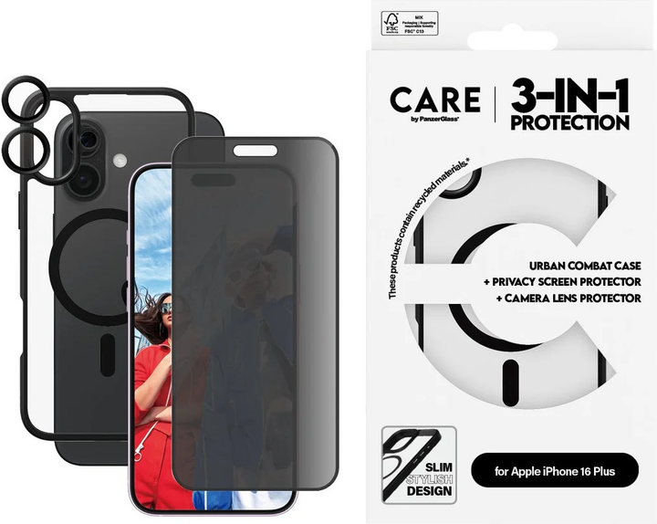 Комплект панель + скло CARE by PanzerGlass Flagship 3-in-1 Privacy Bundle для Apple iPhone 16 Plus (B1359+P2863+1283) - зображення 5