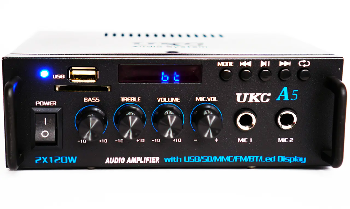 Підсилювач звуку UKC A5 Bluetooth USB SD FM MP3 2x120W стерео підсилювач караоке з двома мікрофонними входами аудіопідсилювач для колонок акустики радіо дисплей пульт ДК домашній музичний центр підтримка флешки карт пам'яті - изображение 3