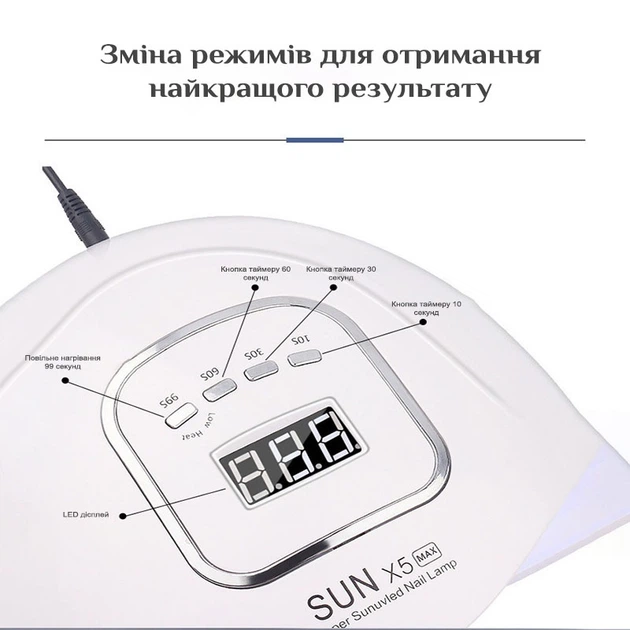 УФ ЛЕД лампа SUN X5 MAX для маникюра/ ногтей/ гель лака настольная 150W 45 LEDS белый (GS-107401) - изображение 4