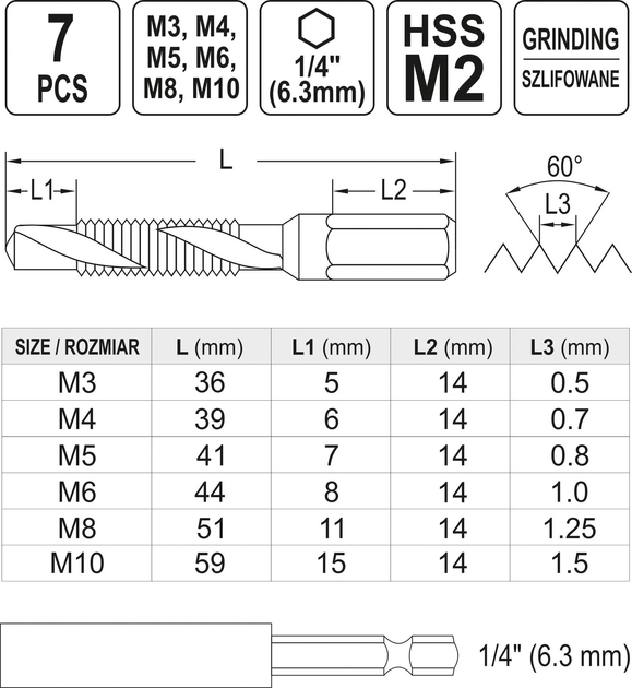 Набір свердл-мітчиків Yato YT-44849 М3-М10 HSS М2 HEX-1/4" з подовжувачем L= 60 мм 7 шт (5906083049521) - зображення 6