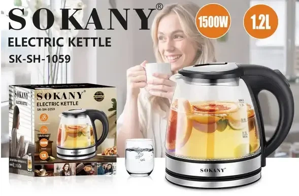 Стеклянный электрочайник Sokany 1500Вт 1.2л с подсветкой и нержавеющей сталью - изображение 3