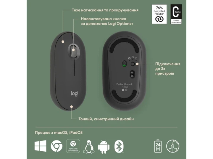 Миша Logitech Pebble M350s Tonal Graphite (910-007015) - Фото 4 Миша Logitech Pebble M350s Tonal Graphite (910-007015) - изображение 4