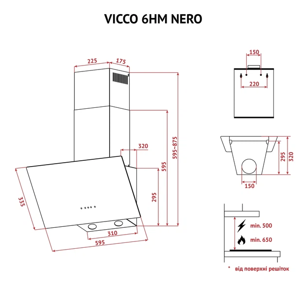 Кухонная вытяжка PERFELLI VICCO 6HM NERO, черная декоративная наклонная настенная, 700 куб.м., 59,5 см - изображение 2