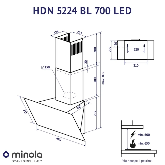 Кухонная вытяжка Minola HDN 5224 BL 700 LED, черная декоративная наклонная настенная, 700 куб.м., шириной 49,5 см - изображение 6