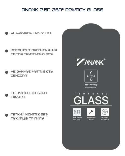 Защитное стекло Anank 2.5D 360° Privacy Glass for iPhone 16 Pro Max (2003208) - изображение 2