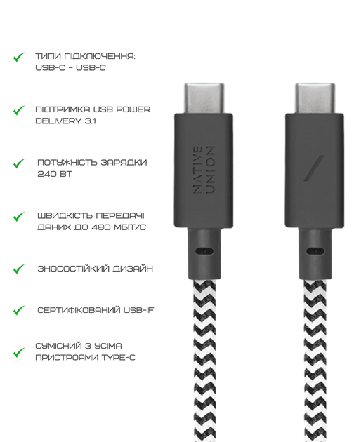 Кабель USB-C to USB-C Native Union Anchor Cable Pro 240W Zebra (3 m) (ACABLE-C-ZEB-NP) - изображение 5