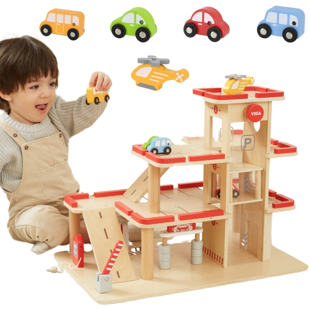 Drewniany zestaw do zabawy Viga Parking z windą, samochodzikami i helikopterem (6971608447631) - obraz 6