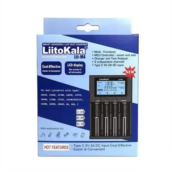 Зарядне LiitoKala Lii-M4 1-4 елементів для 10440-26650 Ni-Mh, Li-Ion, Li-Fe від USB-С + ПаверБанк - изображение 3