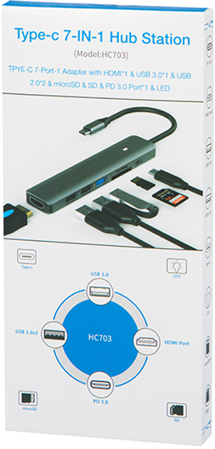 USB-хаб Blow HC703 7-in-1 USB-C to 1x USB 3.0\2x USB 2.0\1x SD\1x microSD\1x HDMI 4K\1x PD 3.0 USB-C Grey (5900804145721) - зображення 4