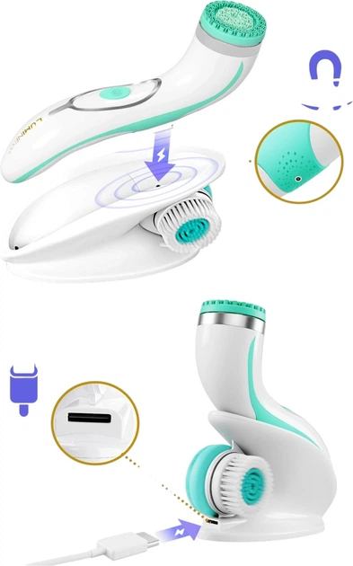 Szczoteczka do twarzy Lumineo Brush Pro 4 końcówki + żel do wszystkich rodzajów skóry turkusowa (5904726872802) - obraz 6