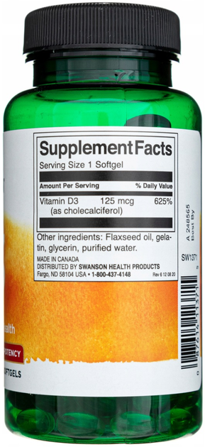 Witamina D3 Swanson HIGHEST POTENCY 5000IU 250 kapsułek (87614113715) - obraz 3