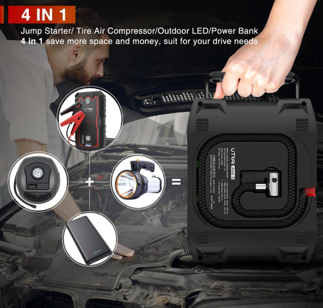 Пускозарядное Устройство Бустер UTRAI Car Jamp Starter Super Energy 24000 мAч 4 в 1 с функциями LED Фонарика, Воздушный Компрессор, Power Bank - изображение 6
