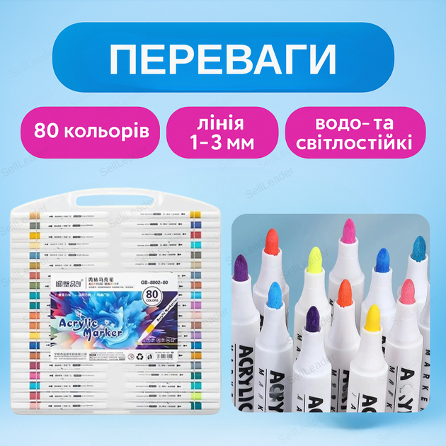 Набор акриловых маркеров 80 цветов художественные фломастеры bullet 2 мм для творчества водостойкие Acril-80 - изображение 2