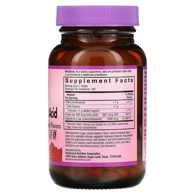 Вітамін В12 та фолієва кислота, малина, Earth Sweet Chewables, Bluebonnet Nutrition, 180 жувальних таблеток (BLB-00435) - зображення 2