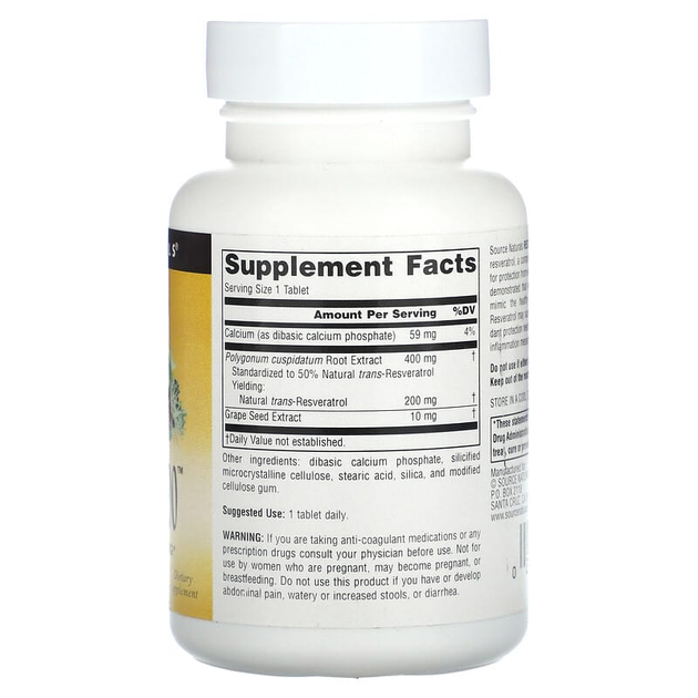 Ресвератрол, Resveratrol, Source Naturals, 200 мг, 60 таблеток (SNS-02293) - изображение 2