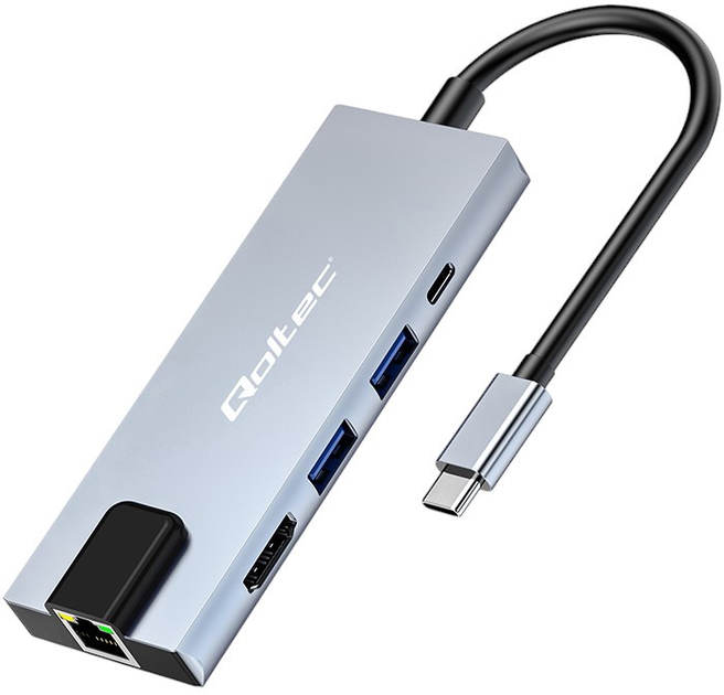 USB Hub Qoltec Hub Adapter USB-C PD 100 W 5 in 1 Grey (5901878537955) - obraz 1