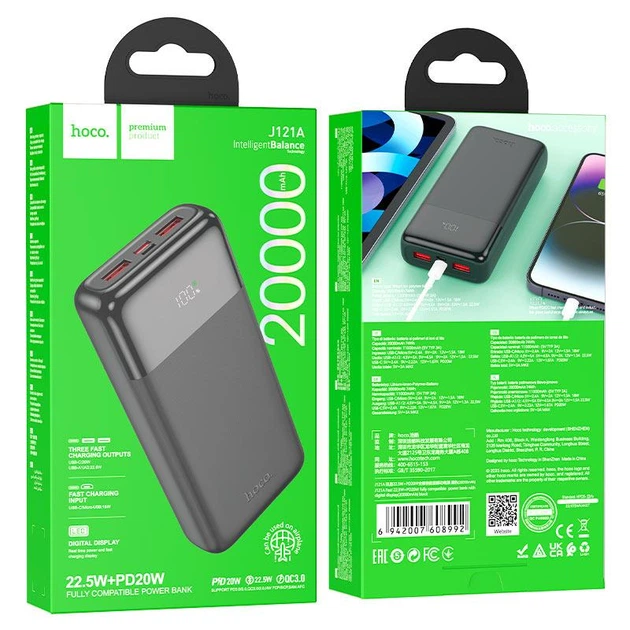 Повербанк 20000mAh 22.5W HOCO J121A 2хUSB/Type-C/microUSB черный - Фото 6 Повербанк 20000mAh 22.5W HOCO J121A 2хUSB/Type-C/microUSB черный - изображение 6
