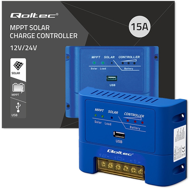 Контролер заряду сонячної батареї Qoltec MPPT 15 A для живлення споживачів постійного струму та заряджання акумуляторів 12 В / 24 В (5901878536668) - зображення 7