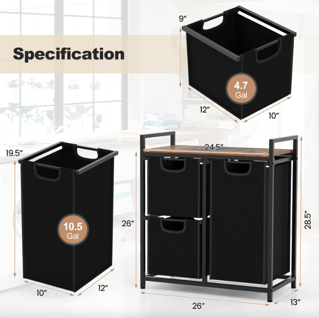 Кошик для білизни Costway Nordi 58 л в стилі Loft чорний - зображення 5