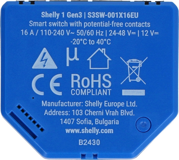 Inteligentny przełącznik Shelly 1 Gen3 Wi-Fi jednokanałowy 16 A 4 szt (3800235261781) - obraz 4
